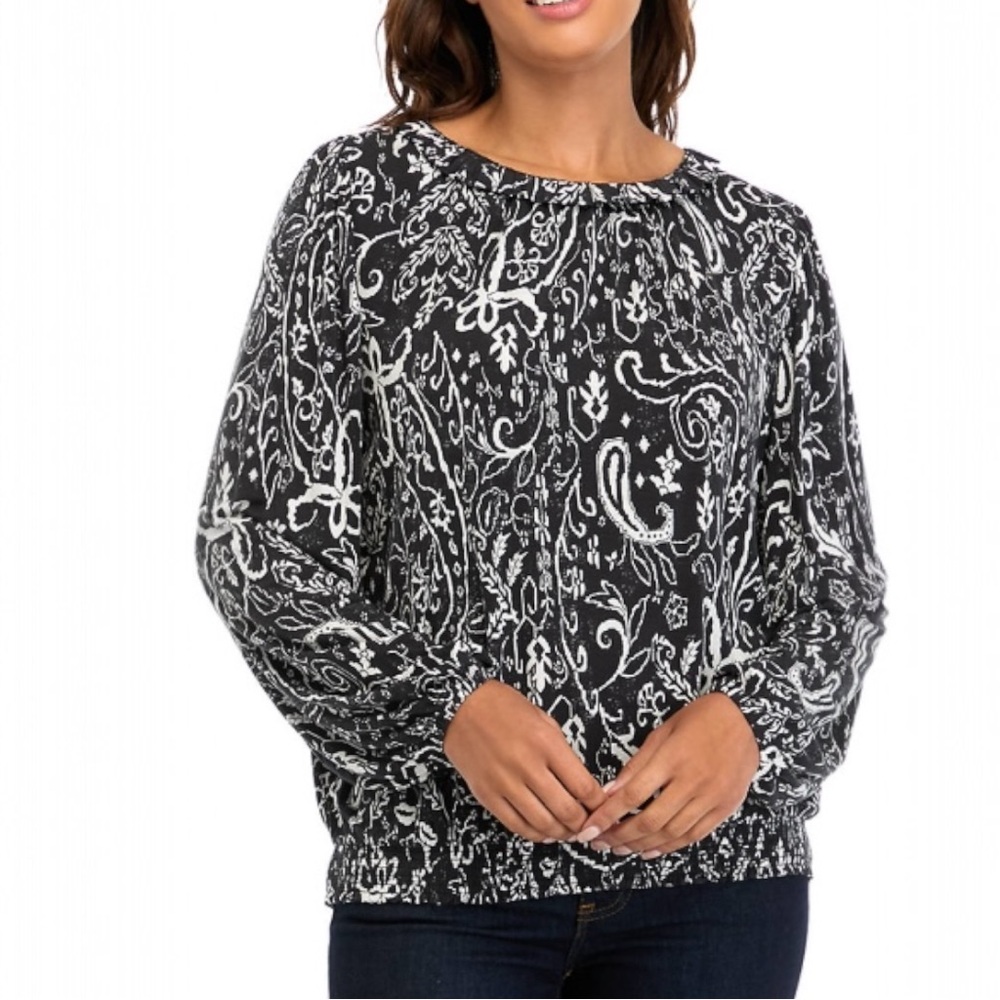 Wonderly Long Sleeve Banded Bottom Black and White Paisley Printed Top Size XL